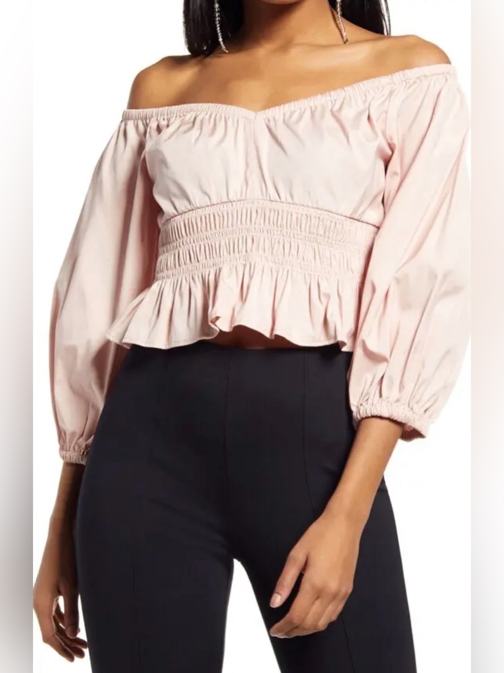 Smocked Off-Shoulder Peplum Blouse — Light Pink